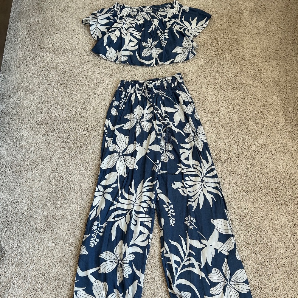 2 Piece  Blue Tropical Jumpsuit